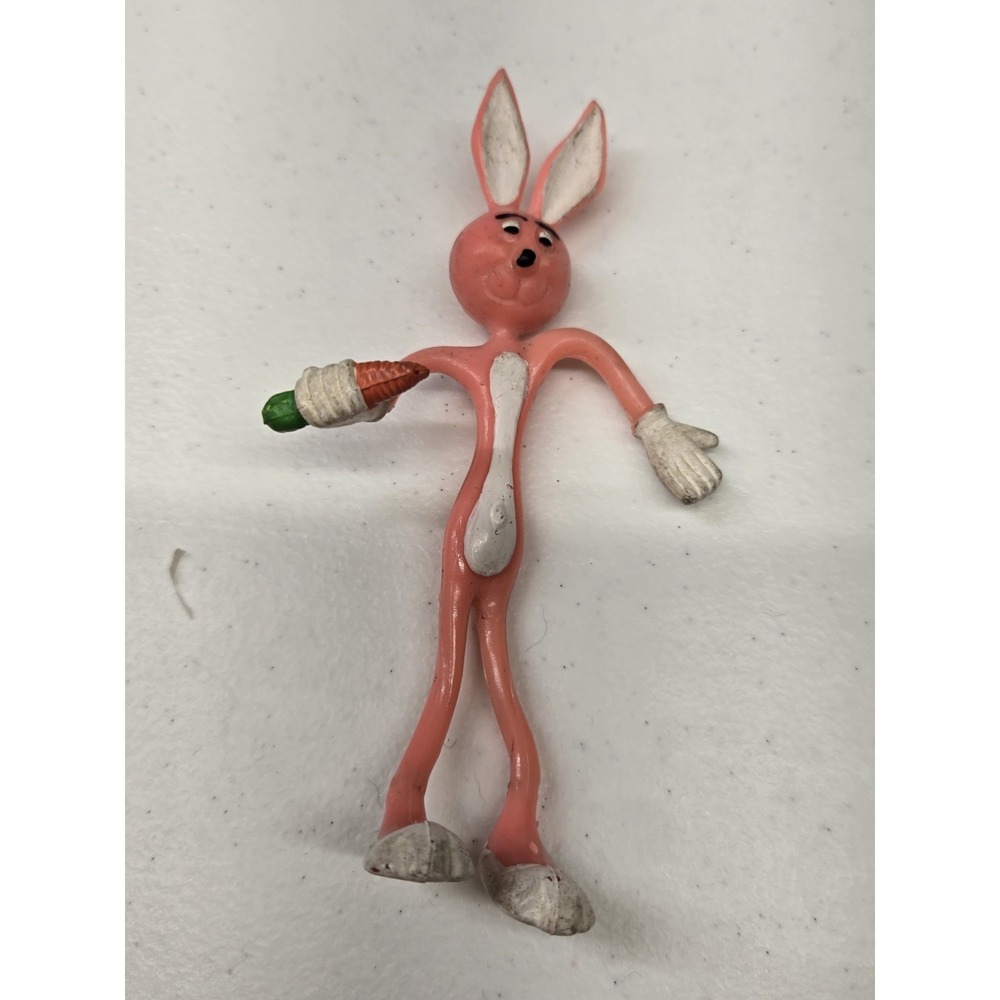 VTG - Pink Bendable Easter Bunny 5" Spring Bunny with Carrot Toy 1980's -